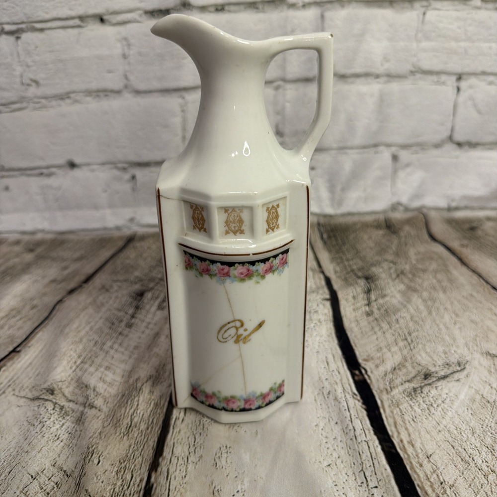 Antique Vintage Oil Cruet Roses Elegant Germany 5559 Porcelain China 8.5" Tall